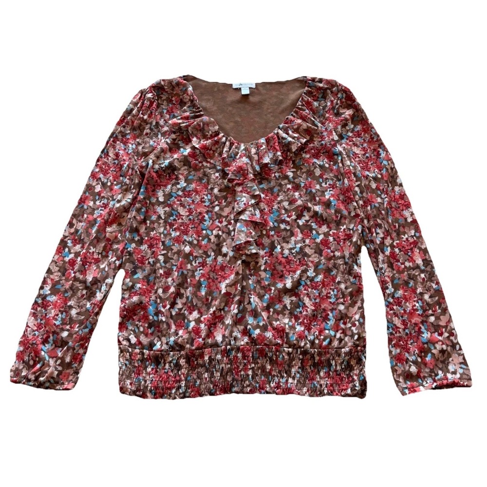 Charter Club Womens Large Floral Mesh Ruffle Top Smocked Waist Long Sleeve Brown
